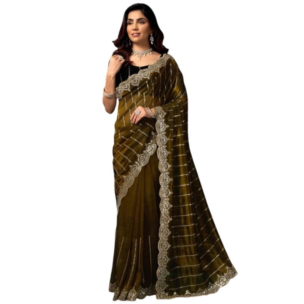 Seduva Women's Net Sequence Saree With Unstitched Blouse 5.5Mtr (Olive)