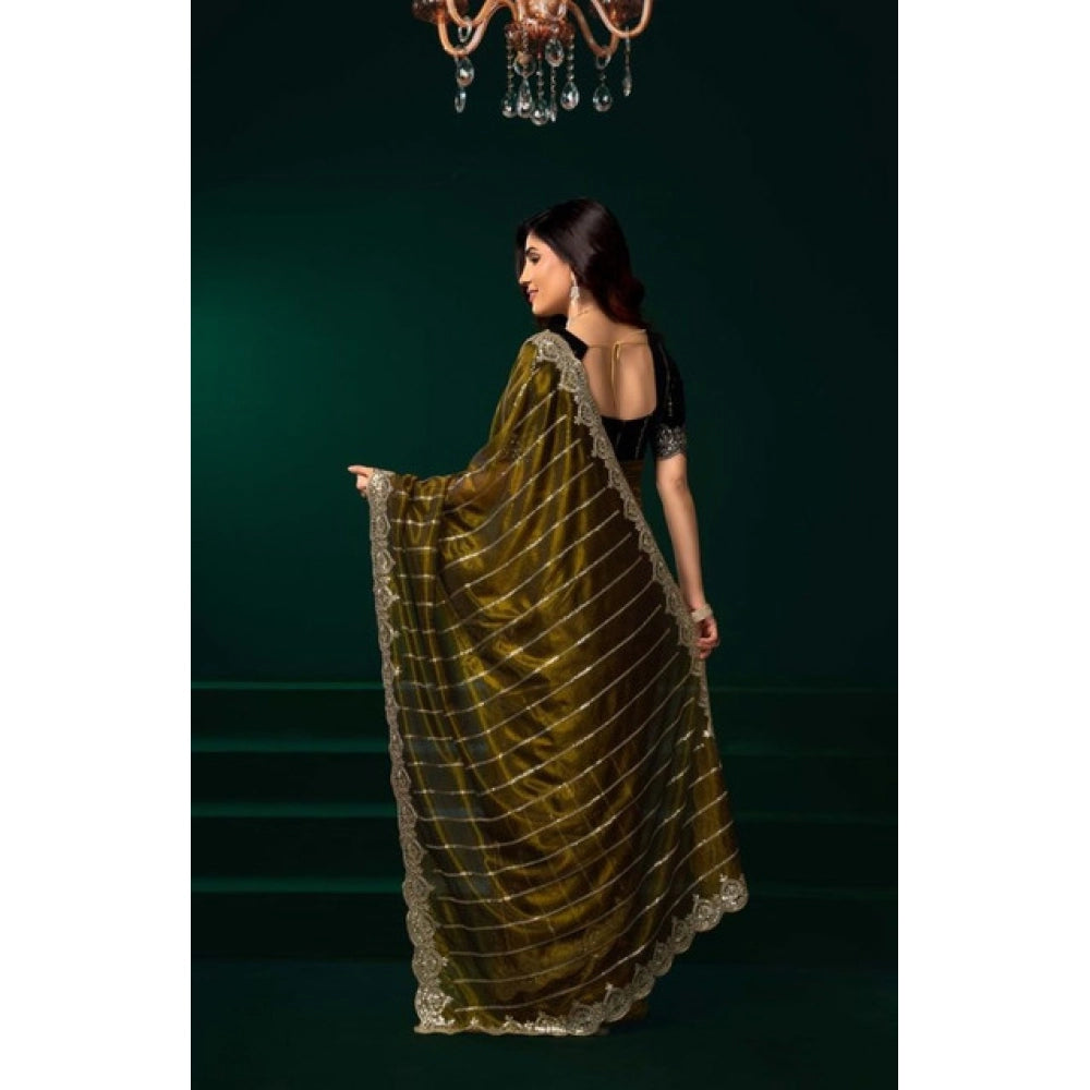 Seduva Women's Net Sequence Saree With Unstitched Blouse 5.5Mtr (Olive)
