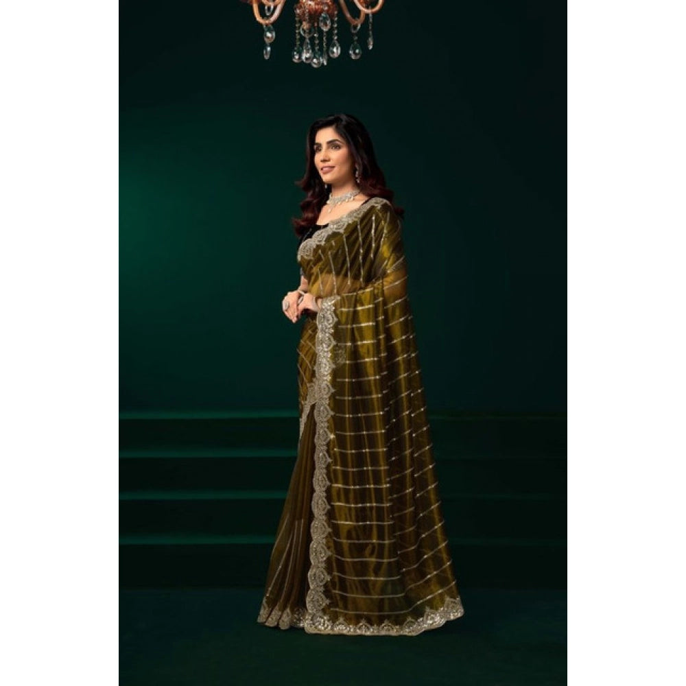 Seduva Women's Net Sequence Saree With Unstitched Blouse 5.5Mtr (Olive)