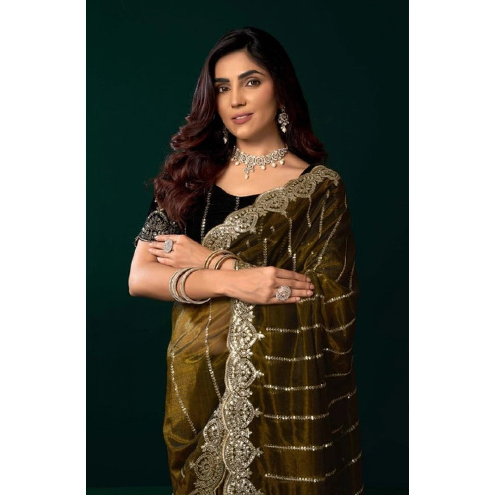 Seduva Women's Net Sequence Saree With Unstitched Blouse 5.5Mtr (Olive)