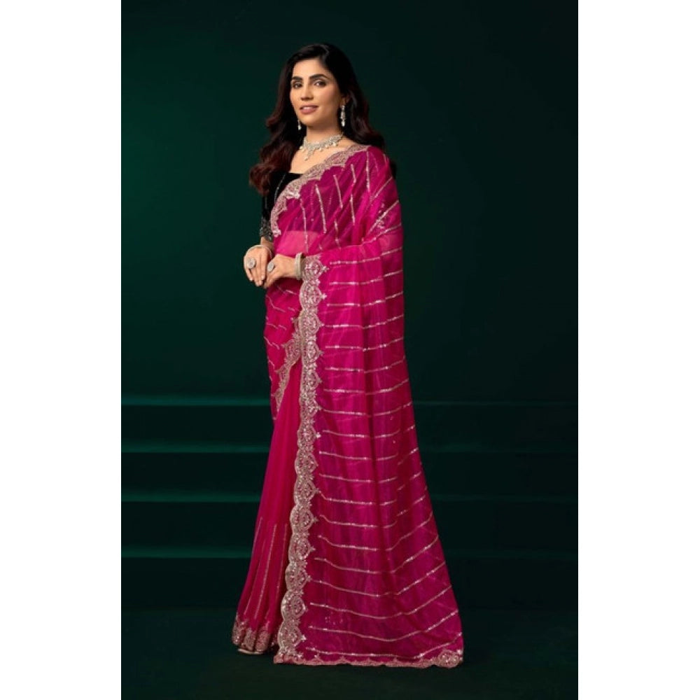Seduva Women's Net Sequence Saree With Unstitched Blouse 5.5Mtr (Pink)