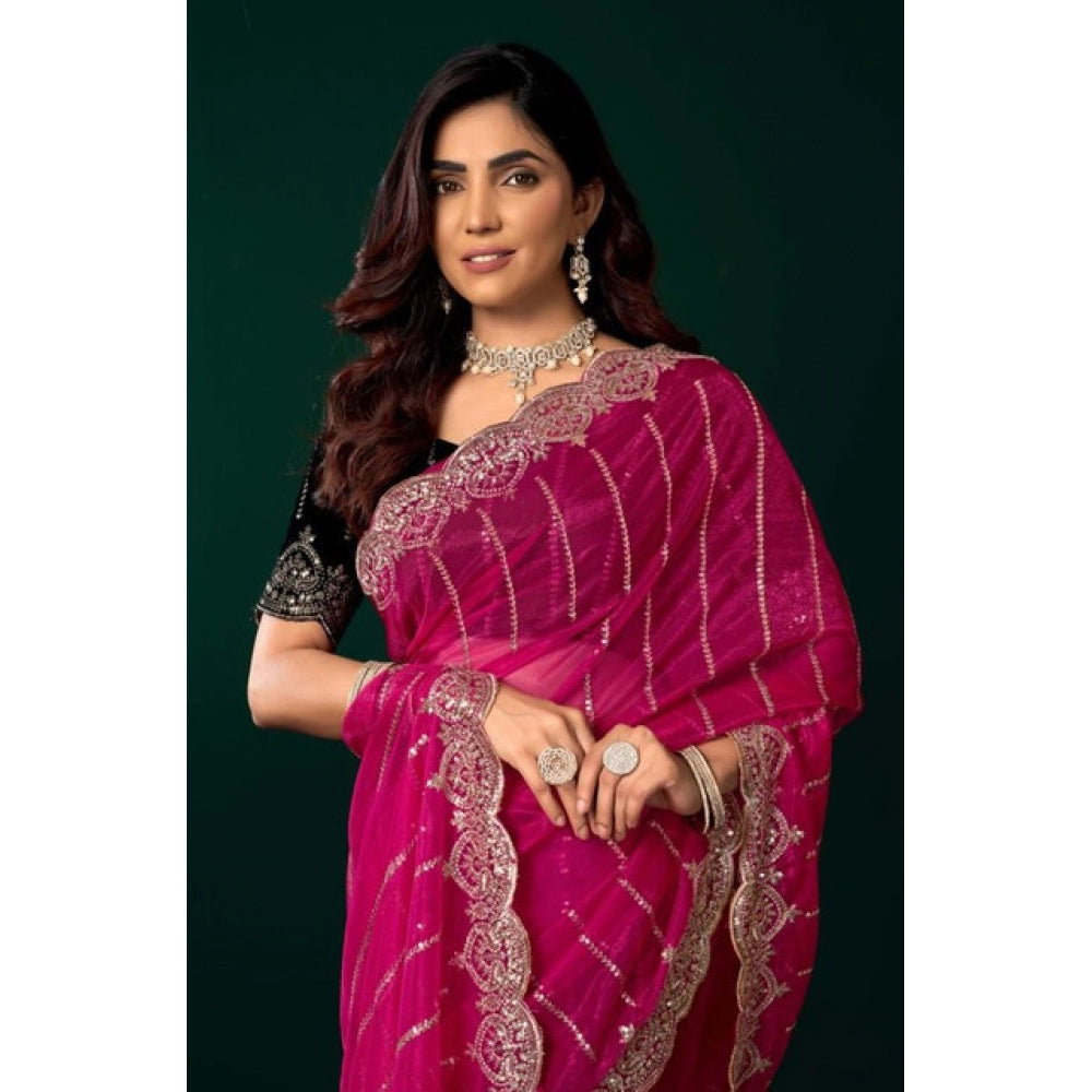 Seduva Women's Net Sequence Saree With Unstitched Blouse 5.5Mtr (Pink)