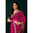 Seduva Women's Net Sequence Saree With Unstitched Blouse 5.5Mtr (Pink)