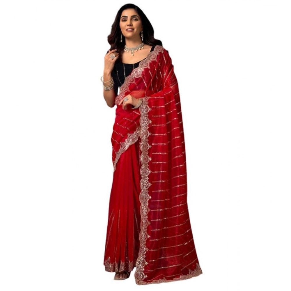 Seduva Women's Net Sequence Saree With Unstitched Blouse 5.5Mtr (Red)