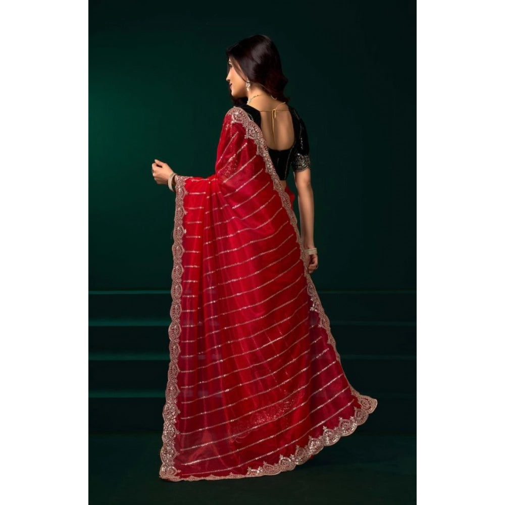 Seduva Women's Net Sequence Saree With Unstitched Blouse 5.5Mtr (Red)
