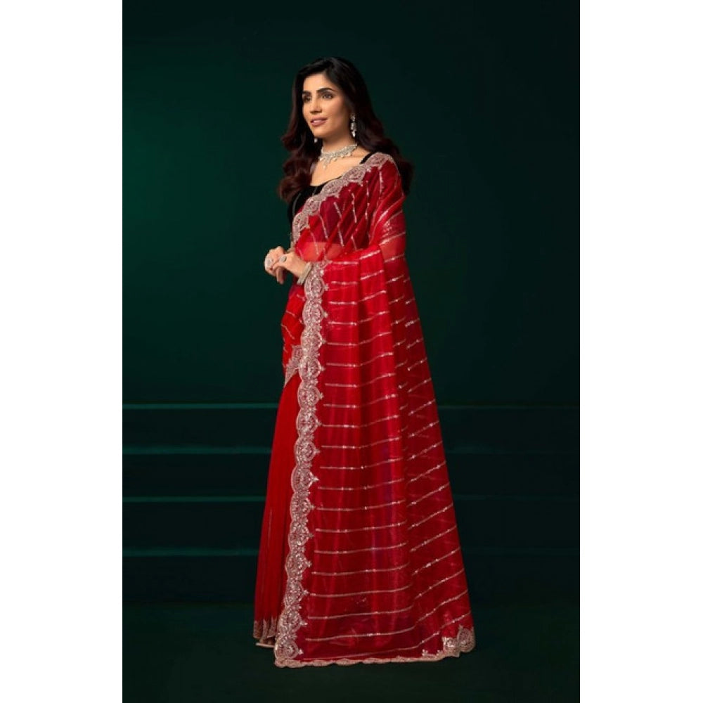 Seduva Women's Net Sequence Saree With Unstitched Blouse 5.5Mtr (Red)