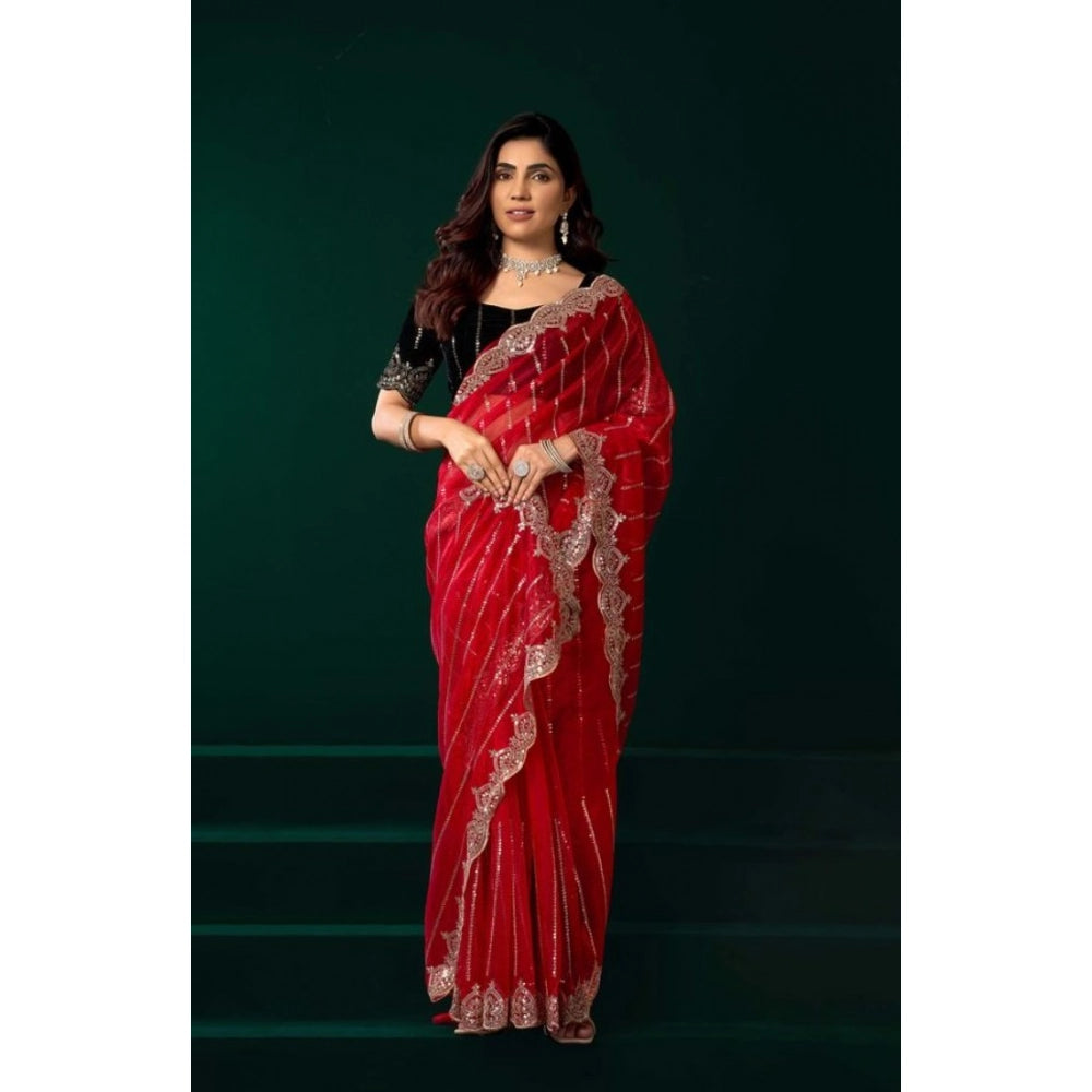 Seduva Women's Net Sequence Saree With Unstitched Blouse 5.5Mtr (Red)