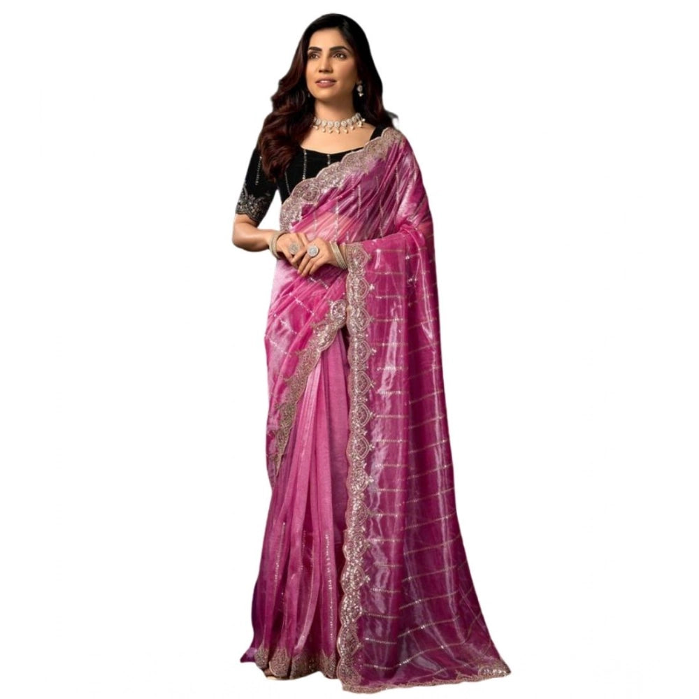 Seduva Women's Net Sequence Saree With Unstitched Blouse 5.5Mtr (Pink)