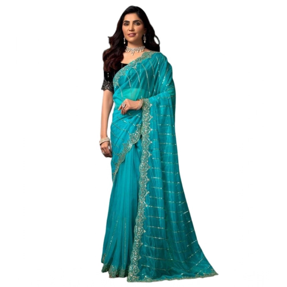 Seduva Women's Net Sequence Saree With Unstitched Blouse 5.5Mtr (Turquoise)