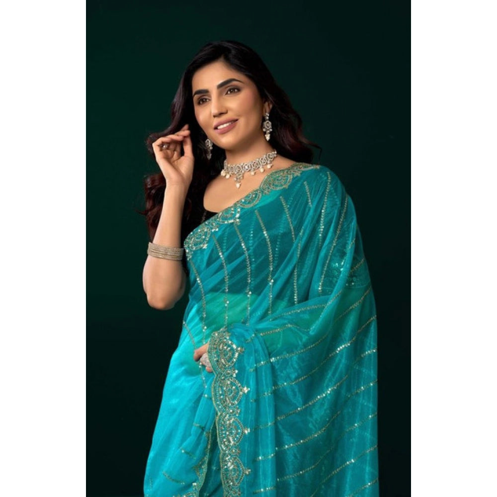 Seduva Women's Net Sequence Saree With Unstitched Blouse 5.5Mtr (Turquoise)
