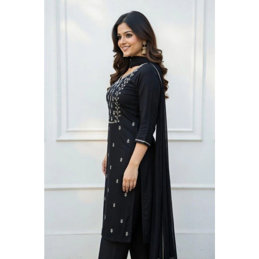 Seduva Women's Georgette Ethnic Motif Round 3/4th Sleeve Kurti With Pant Dupatta Set (Black)