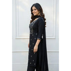 Seduva Women's Georgette Ethnic Motif Round 3/4th Sleeve Kurti With Pant Dupatta Set (Black)