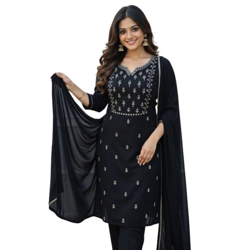 Seduva Women's Georgette Ethnic Motif Round 3/4th Sleeve Kurti With Pant Dupatta Set (Black)