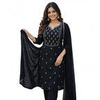 Seduva Women's Georgette Ethnic Motif Round 3/4th Sleeve Kurti With Pant Dupatta Set (Black)