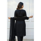 Seduva Women's Georgette Ethnic Motif Round 3/4th Sleeve Kurti With Pant Dupatta Set (Black)