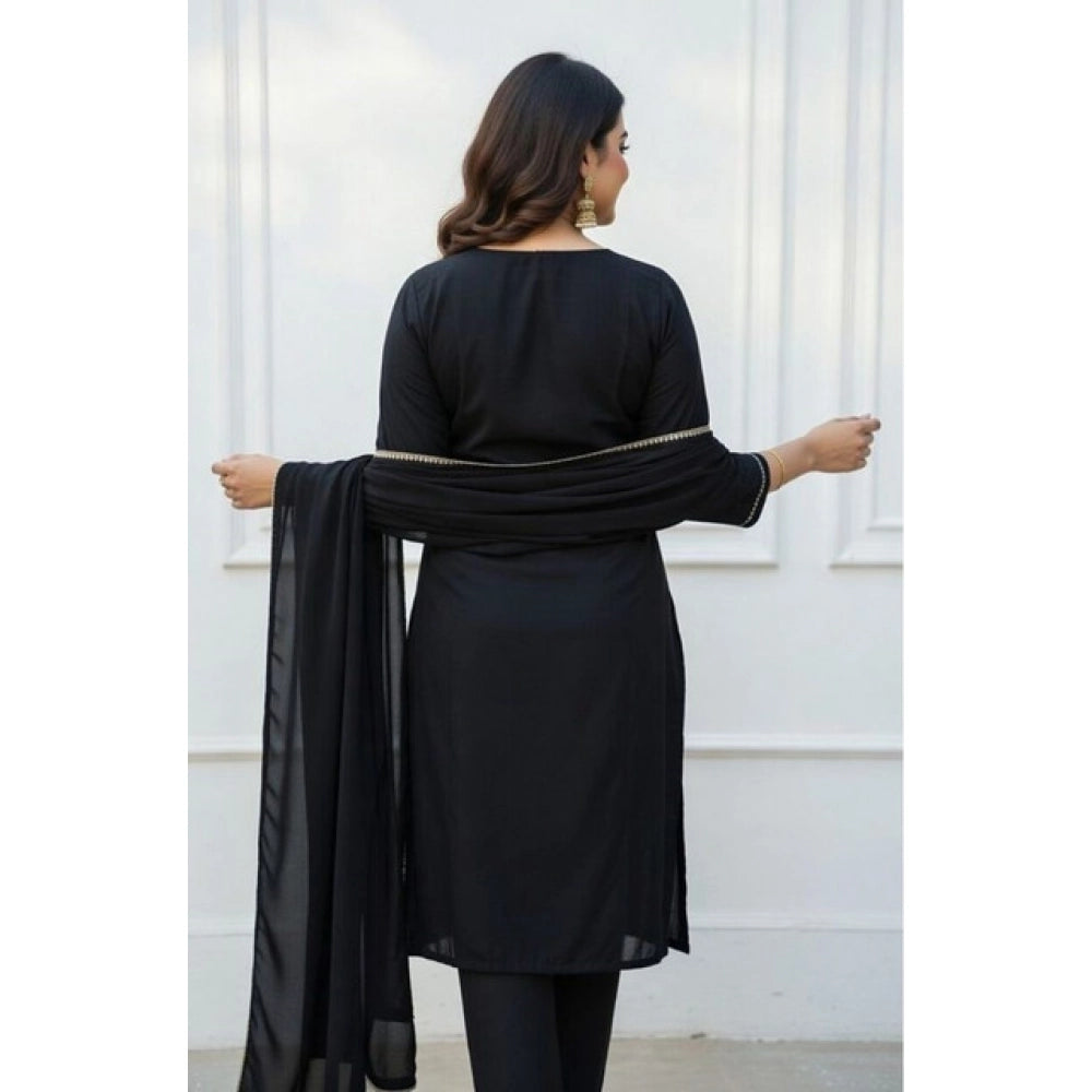 Seduva Women's Georgette Ethnic Motif Round 3/4th Sleeve Kurti With Pant Dupatta Set (Black)