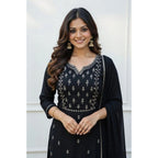 Seduva Women's Georgette Ethnic Motif Round 3/4th Sleeve Kurti With Pant Dupatta Set (Black)