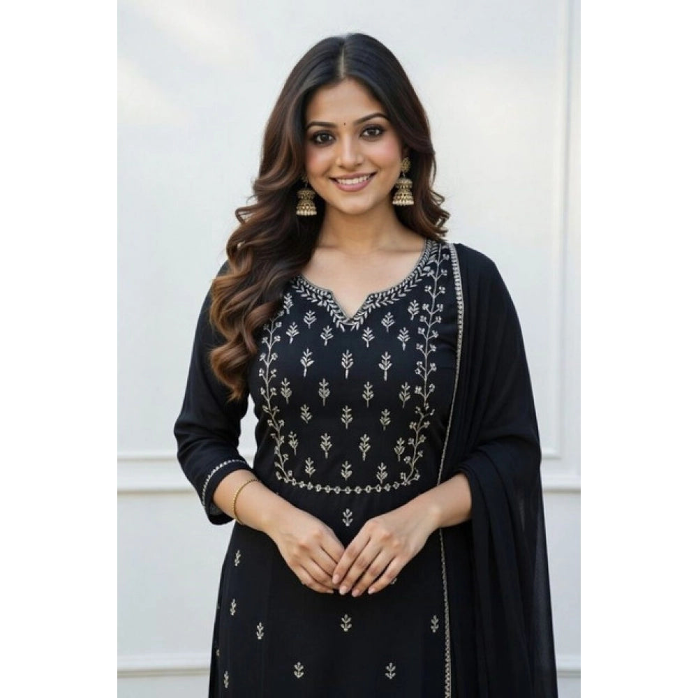 Seduva Women's Georgette Ethnic Motif Round 3/4th Sleeve Kurti With Pant Dupatta Set (Black)