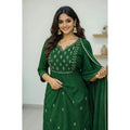 Seduva Women's Georgette Ethnic Motif Round 3/4th Sleeve Kurti With Pant Dupatta Set (Green)