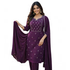Seduva Women's Georgette Ethnic Motif Round 3/4th Sleeve Kurti With Pant Dupatta Set (Magenta)