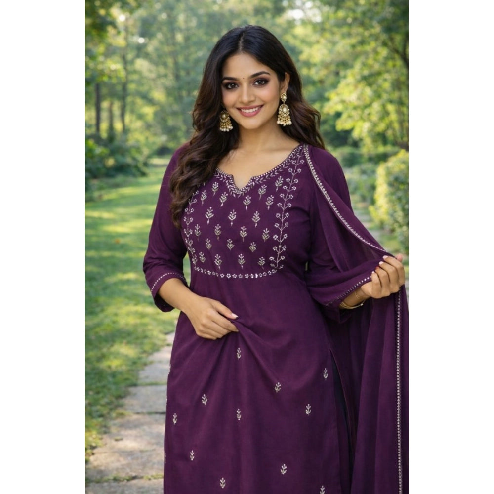 Seduva Women's Georgette Ethnic Motif Round 3/4th Sleeve Kurti With Pant Dupatta Set (Magenta)