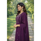 Seduva Women's Georgette Ethnic Motif Round 3/4th Sleeve Kurti With Pant Dupatta Set (Magenta)