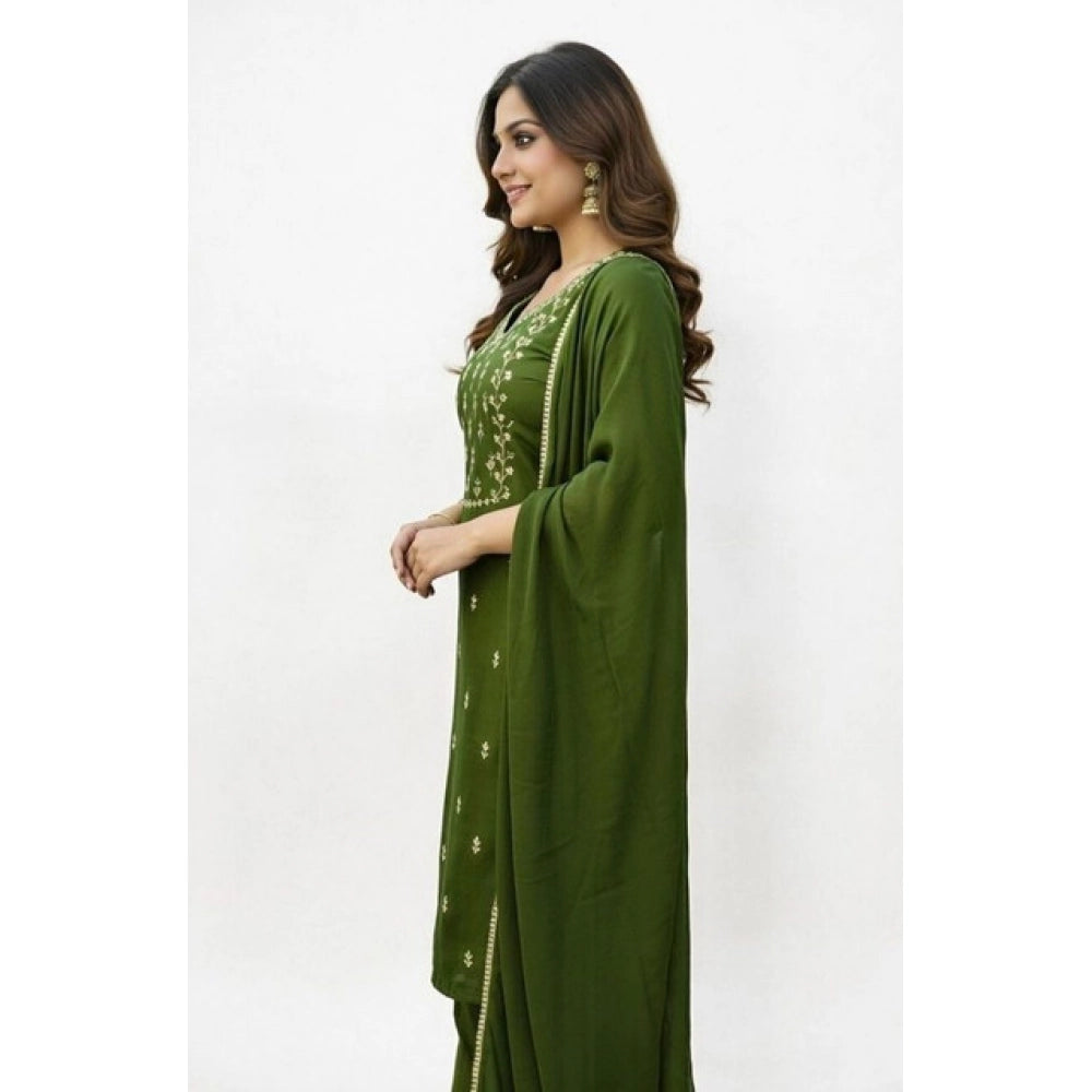 Seduva Women's Georgette Ethnic Motif Round 3/4th Sleeve Kurti With Pant Dupatta Set (Mahendi)