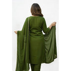 Seduva Women's Georgette Ethnic Motif Round 3/4th Sleeve Kurti With Pant Dupatta Set (Mahendi)