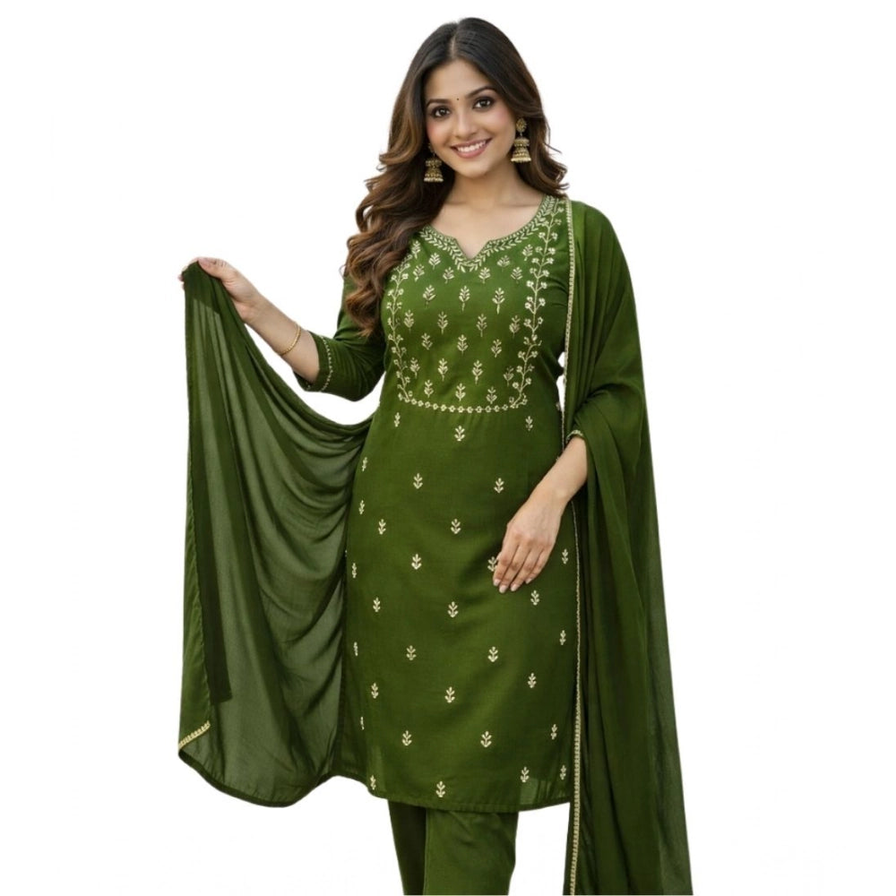 Seduva Women's Georgette Ethnic Motif Round 3/4th Sleeve Kurti With Pant Dupatta Set (Mahendi)