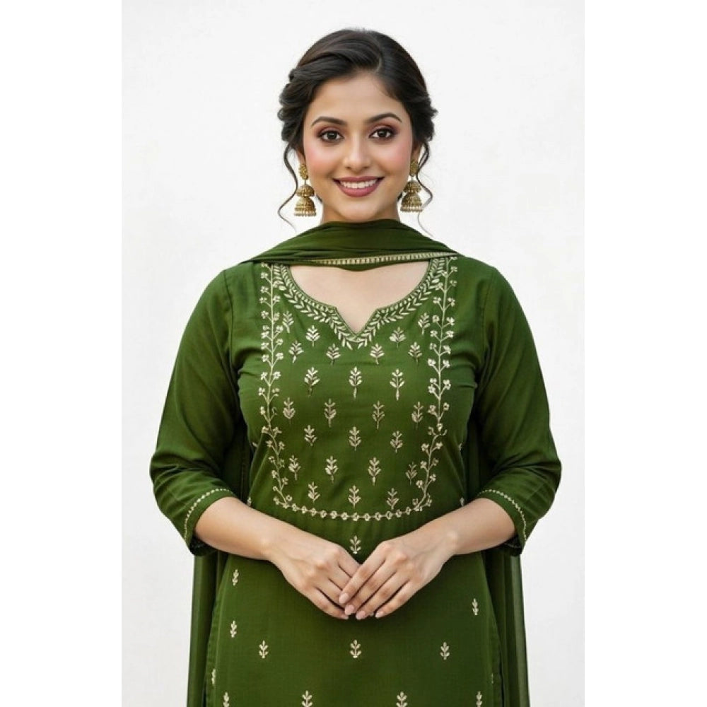 Seduva Women's Georgette Ethnic Motif Round 3/4th Sleeve Kurti With Pant Dupatta Set (Mahendi)
