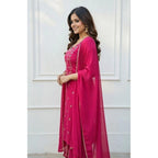 Seduva Women's Georgette Ethnic Motif Round 3/4th Sleeve Kurti With Pant Dupatta Set (Pink)