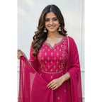 Seduva Women's Georgette Ethnic Motif Round 3/4th Sleeve Kurti With Pant Dupatta Set (Pink)