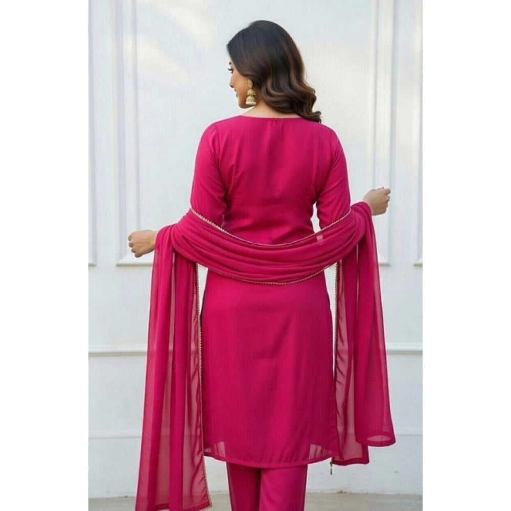Seduva Women's Georgette Ethnic Motif Round 3/4th Sleeve Kurti With Pant Dupatta Set (Pink)