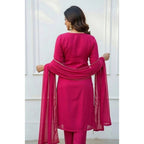 Seduva Women's Georgette Ethnic Motif Round 3/4th Sleeve Kurti With Pant Dupatta Set (Pink)