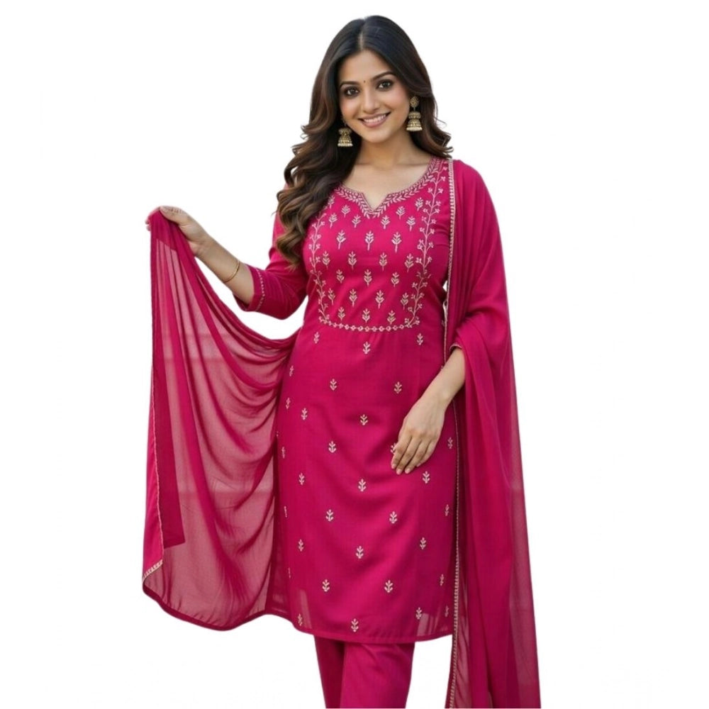 Seduva Women's Georgette Ethnic Motif Round 3/4th Sleeve Kurti With Pant Dupatta Set (Pink)