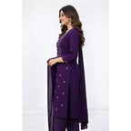 Seduva Women's Georgette Ethnic Motif Round 3/4th Sleeve Kurti With Pant Dupatta Set (Purple)