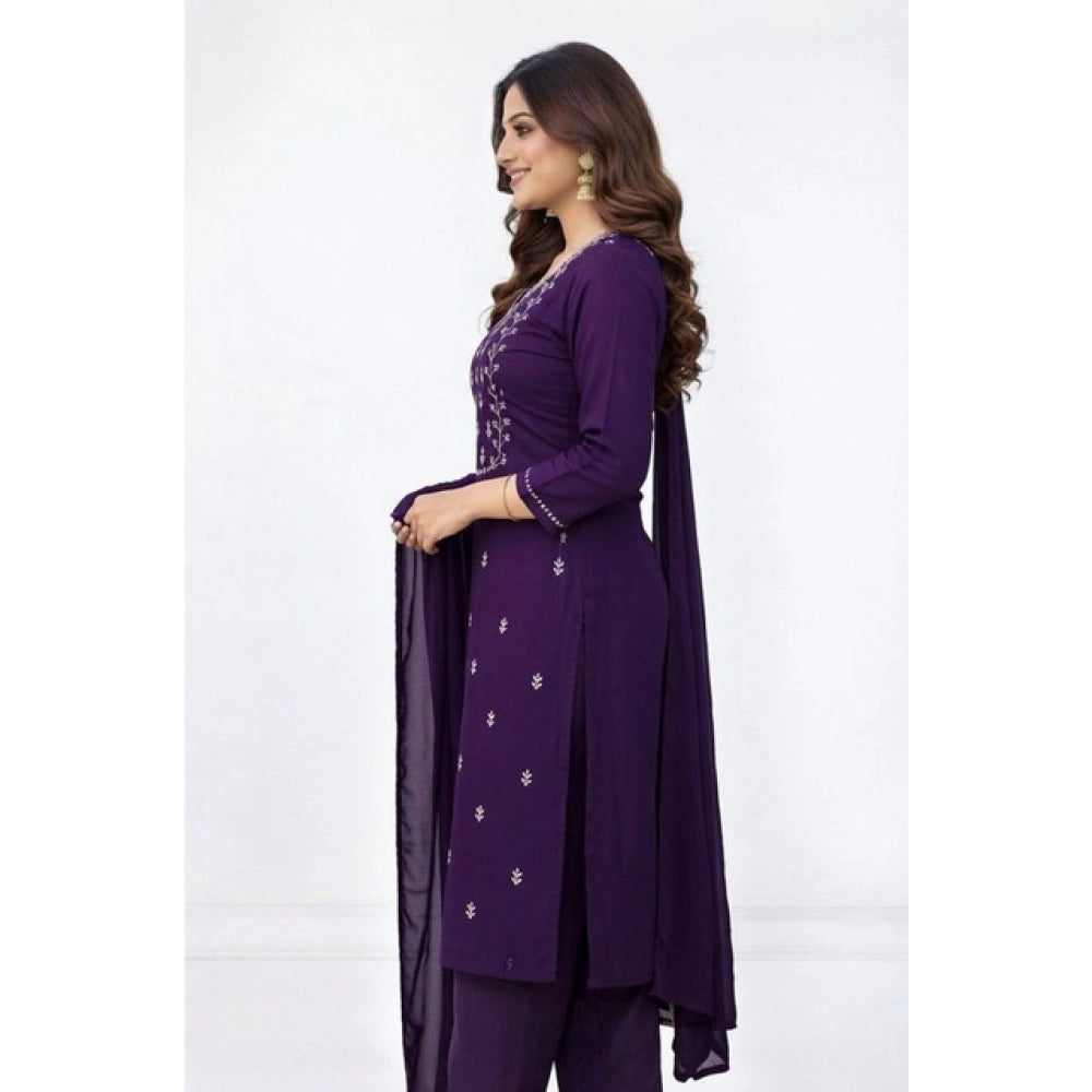 Seduva Women's Georgette Ethnic Motif Round 3/4th Sleeve Kurti With Pant Dupatta Set (Purple)
