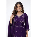 Seduva Women's Georgette Ethnic Motif Round 3/4th Sleeve Kurti With Pant Dupatta Set (Purple)