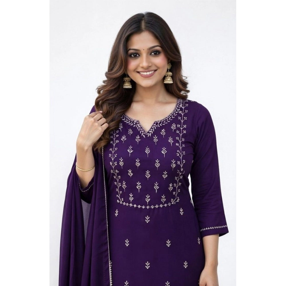 Seduva Women's Georgette Ethnic Motif Round 3/4th Sleeve Kurti With Pant Dupatta Set (Purple)