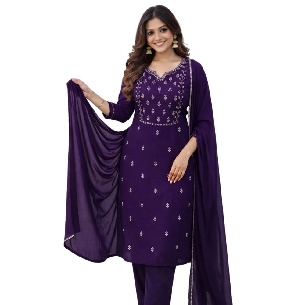 Seduva Women's Georgette Ethnic Motif Round 3/4th Sleeve Kurti With Pant Dupatta Set (Purple)