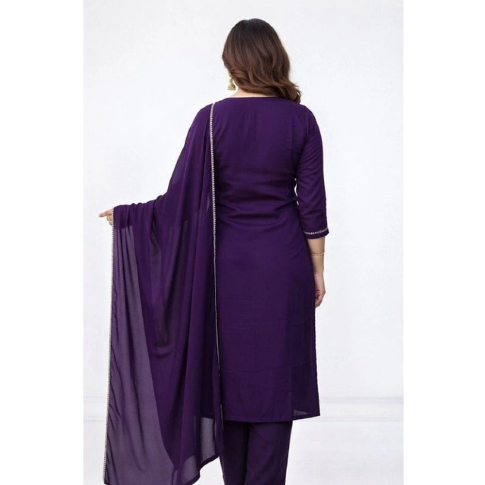Seduva Women's Georgette Ethnic Motif Round 3/4th Sleeve Kurti With Pant Dupatta Set (Purple)