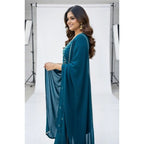 Seduva Women's Georgette Ethnic Motif Round 3/4th Sleeve Kurti With Pant Dupatta Set (Teal)