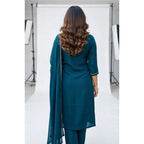 Seduva Women's Georgette Ethnic Motif Round 3/4th Sleeve Kurti With Pant Dupatta Set (Teal)