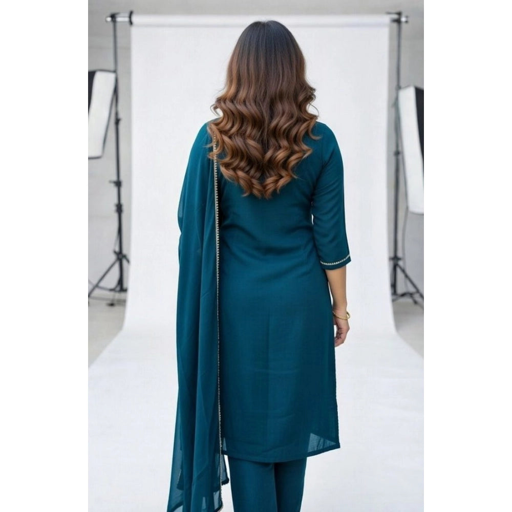 Seduva Women's Georgette Ethnic Motif Round 3/4th Sleeve Kurti With Pant Dupatta Set (Teal)