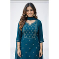 Seduva Women's Georgette Ethnic Motif Round 3/4th Sleeve Kurti With Pant Dupatta Set (Teal)