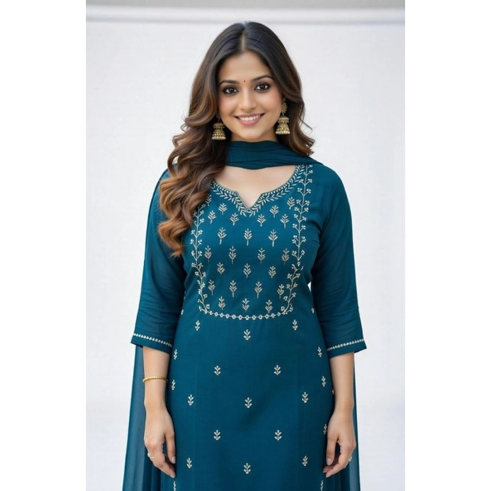 Seduva Women's Georgette Ethnic Motif Round 3/4th Sleeve Kurti With Pant Dupatta Set (Teal)
