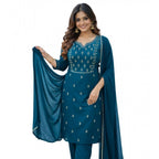Seduva Women's Georgette Ethnic Motif Round 3/4th Sleeve Kurti With Pant Dupatta Set (Teal)