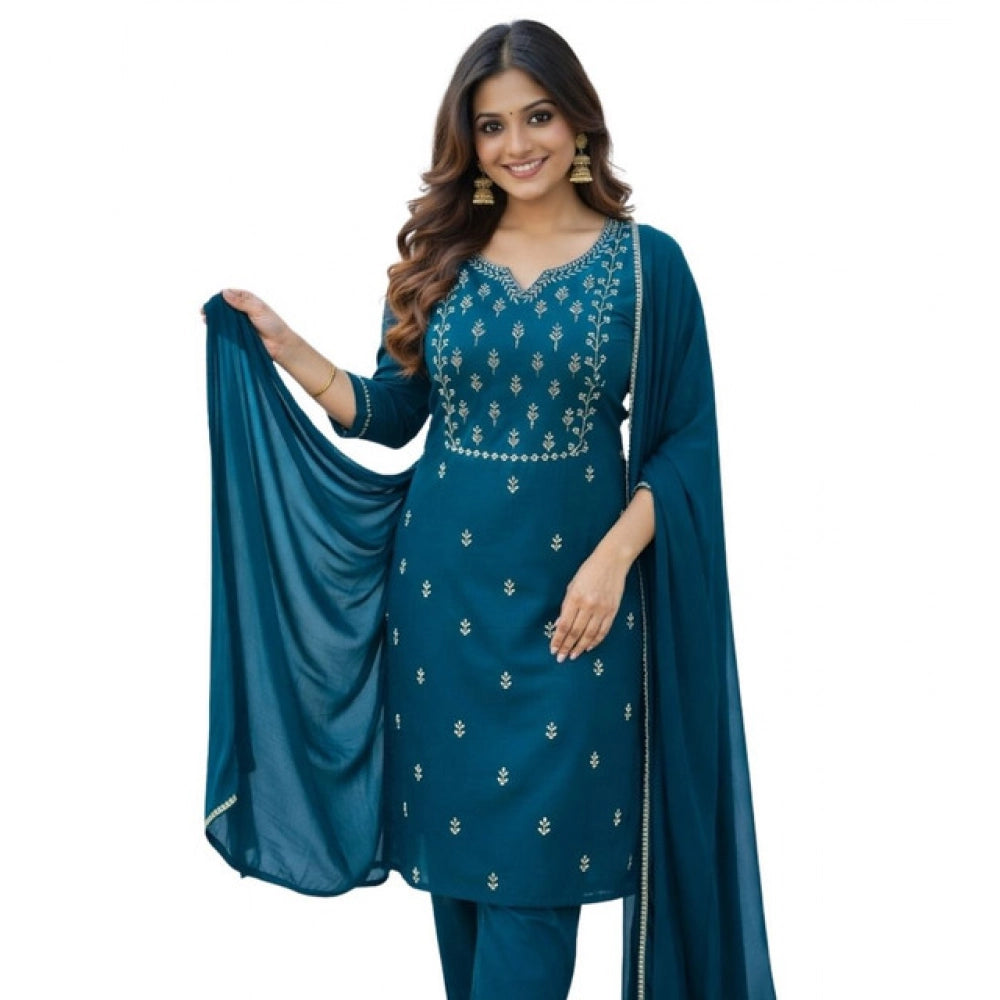 Seduva Women's Georgette Ethnic Motif Round 3/4th Sleeve Kurti With Pant Dupatta Set (Teal)
