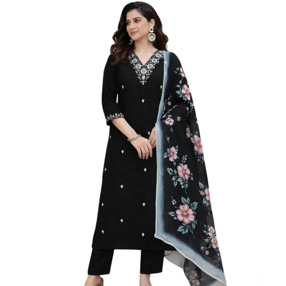 Seduva Women's Chanderi Silk Ethnic Motif V-Neck 3/4th Sleeve Kurti With Pant Dupatta Set (Black)