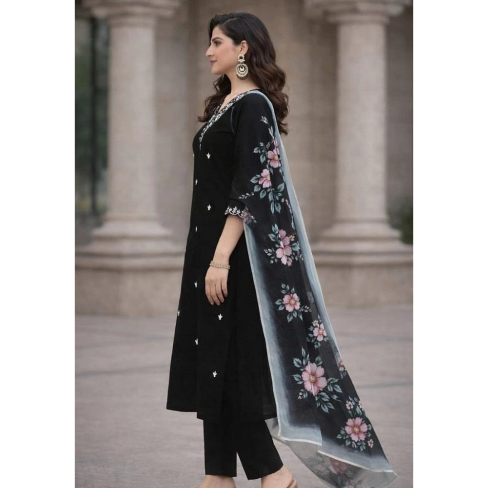 Seduva Women's Chanderi Silk Ethnic Motif V-Neck 3/4th Sleeve Kurti With Pant Dupatta Set (Black)